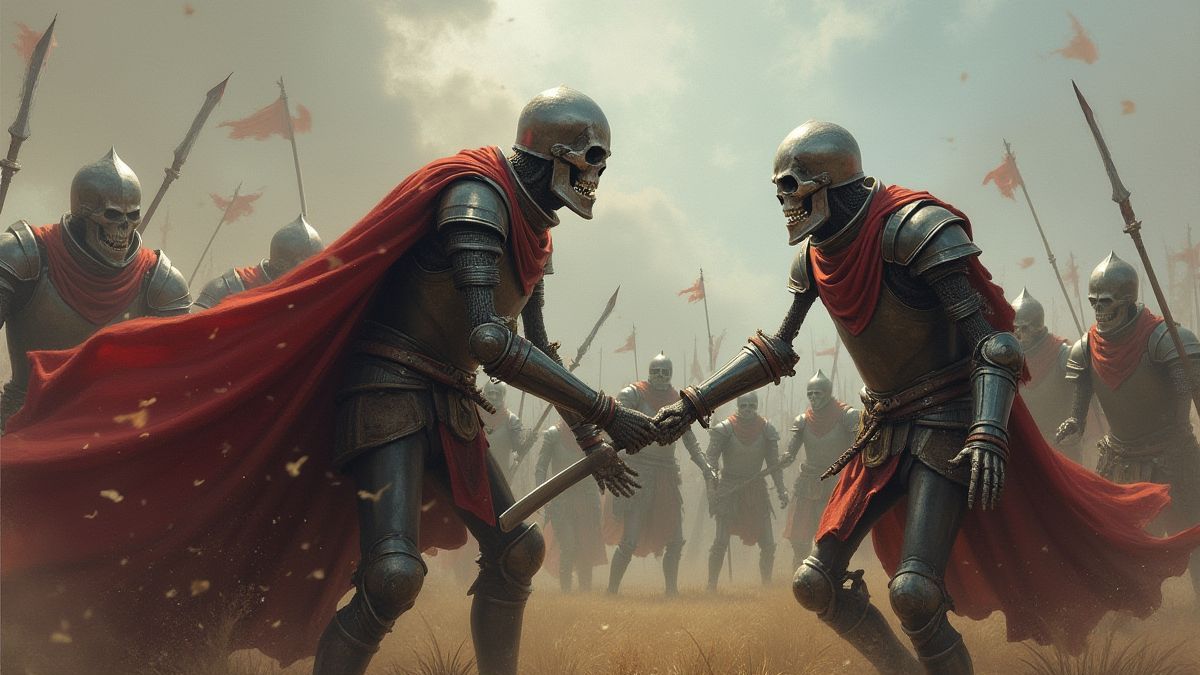 Champ de bataille médiéval avec des guerriers affrontant des squelettes.