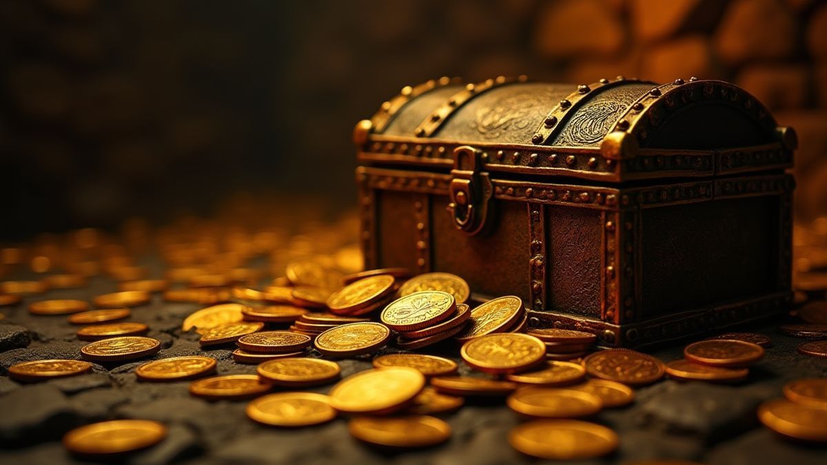 Coffres de trésor médiévaux et pièces d'or dans un donjon.