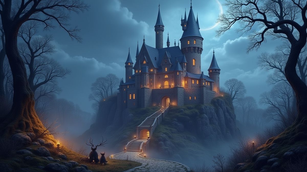 An enchanted medieval castle surrounded by magical creatures.