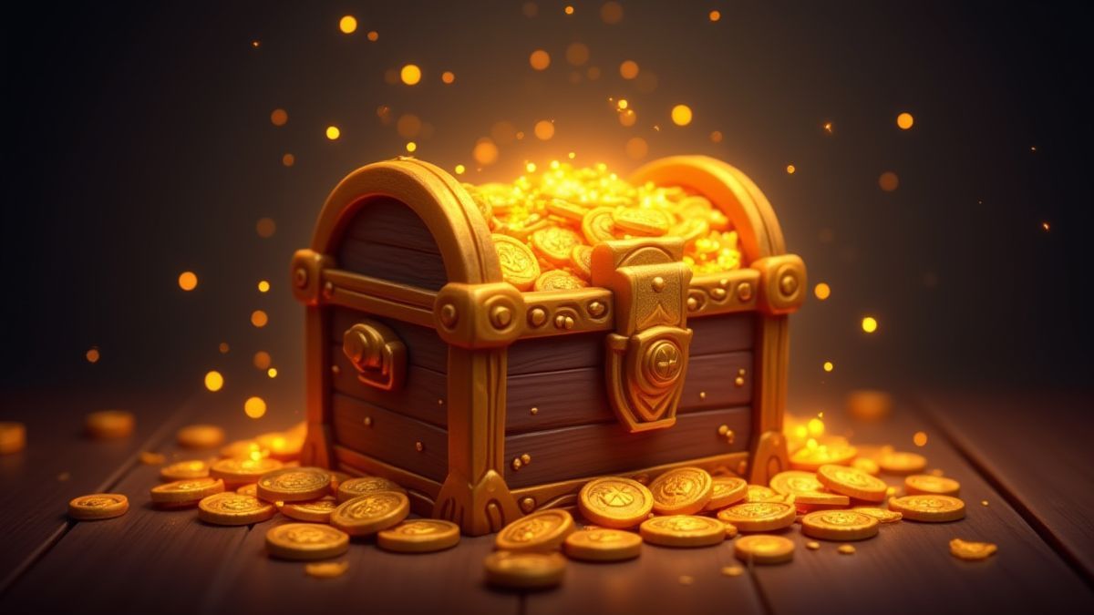 A glowing treasure chest surrounded by golden coins and magical sparkles.