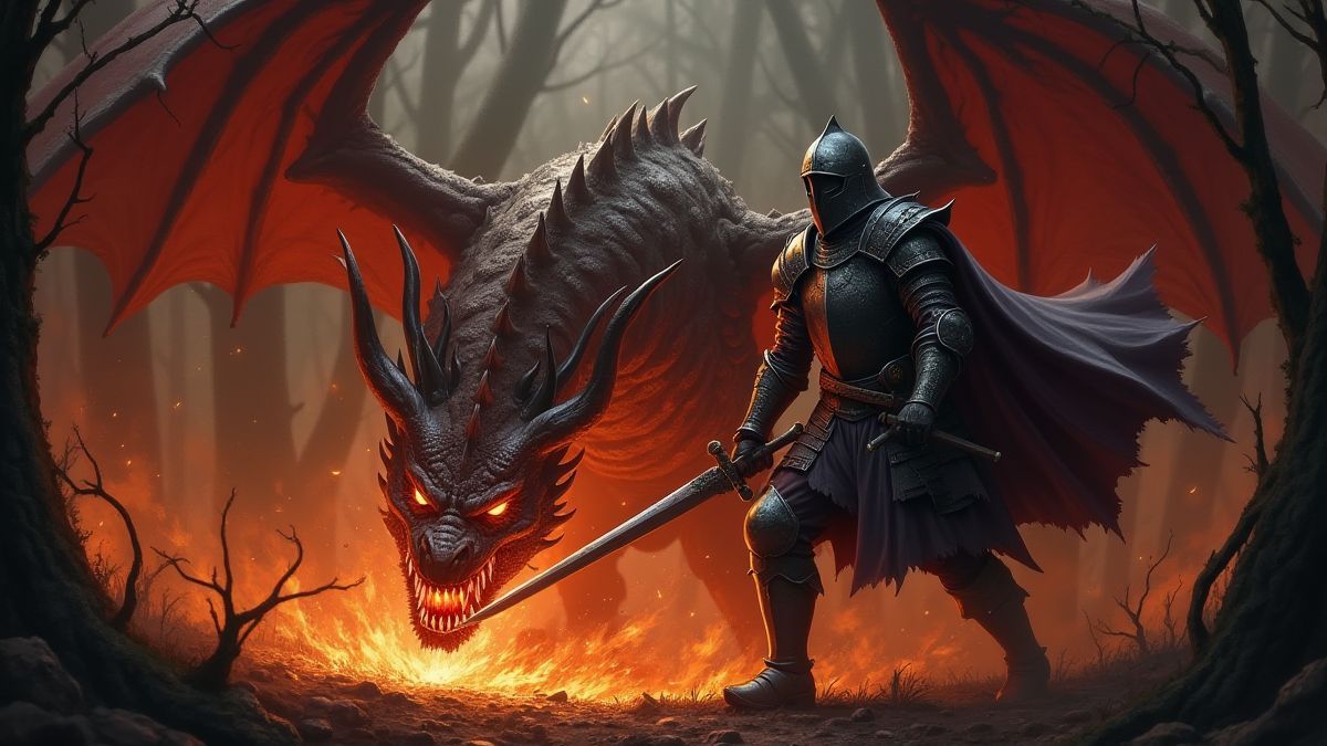 A brave medieval knight fighting a dragon in a dark forest.