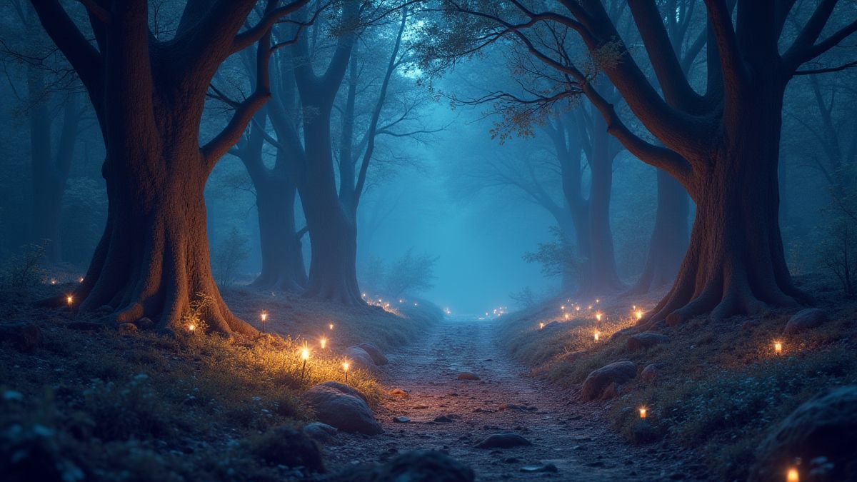 Een magisch bos met sprankelende lichten en mystieke wezens