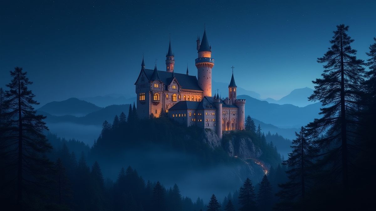 Un castillo medieval rodeado de un bosque místico bajo un cielo estrellado.