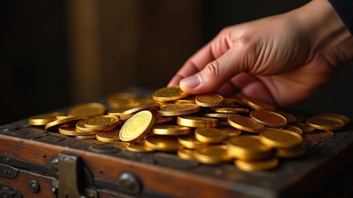 Una mano sosteniendo monedas de oro sobre un cofre del tesoro medieval.