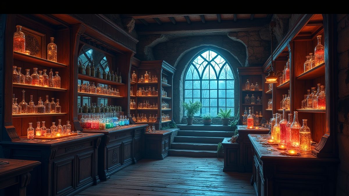 Una tienda mágica con interiores místicos, pociones brillantes y artefactos mágicos.