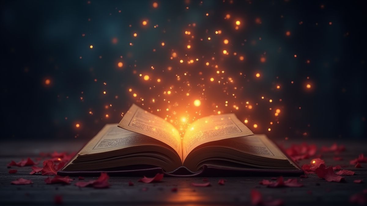 Libros de hechizos brillantes y símbolos mágicos flotando.
