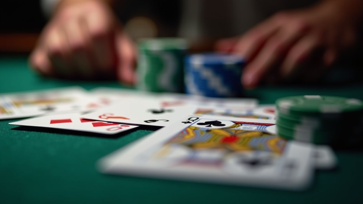 Cartas y fichas de casino sobre una mesa iluminada.
