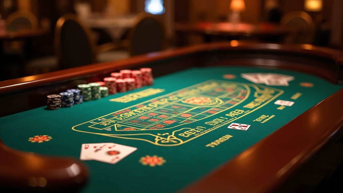 Table de casino européenne avec cartes et jetons.