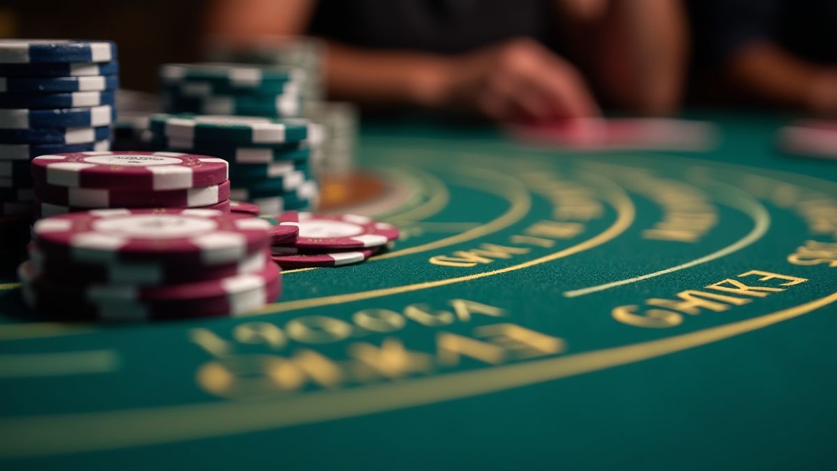 Détail d'une table de blackjack avec jetons et cartes.