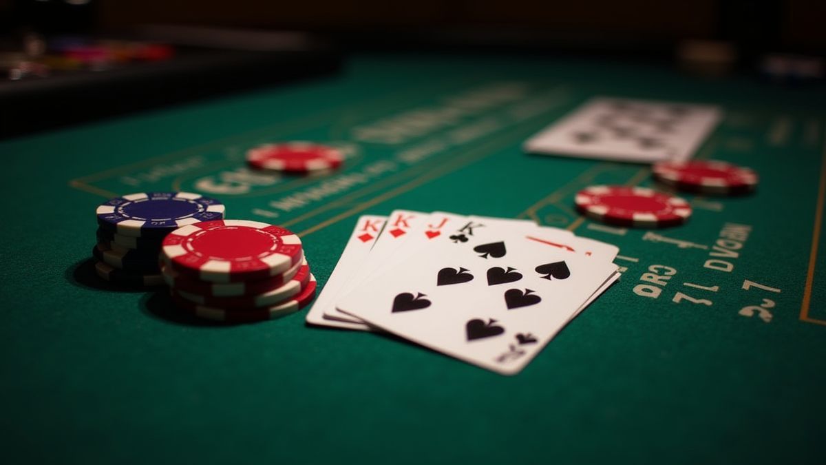 Elegant casino table with cards and chips.