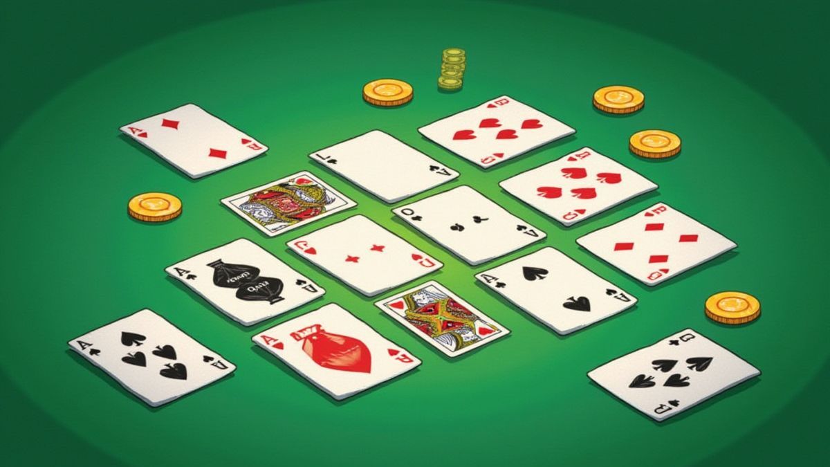 Cards and coins on a green casino table.