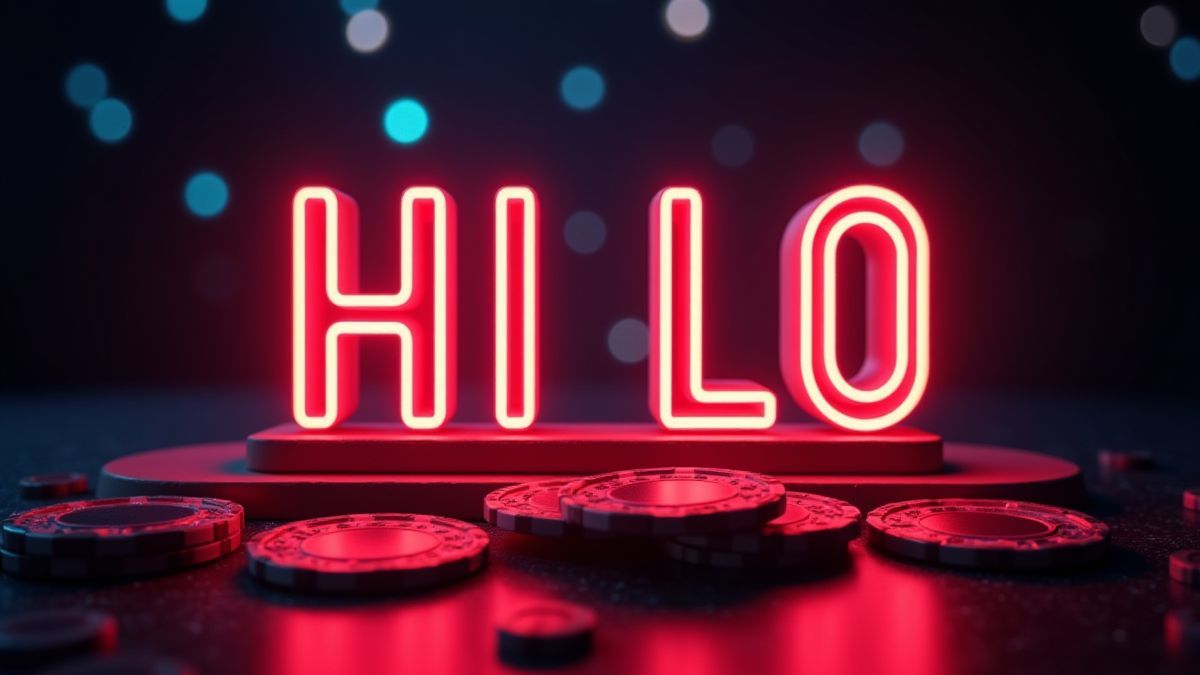 Neon sign 'Hi Lo' surrounded by casino chips.