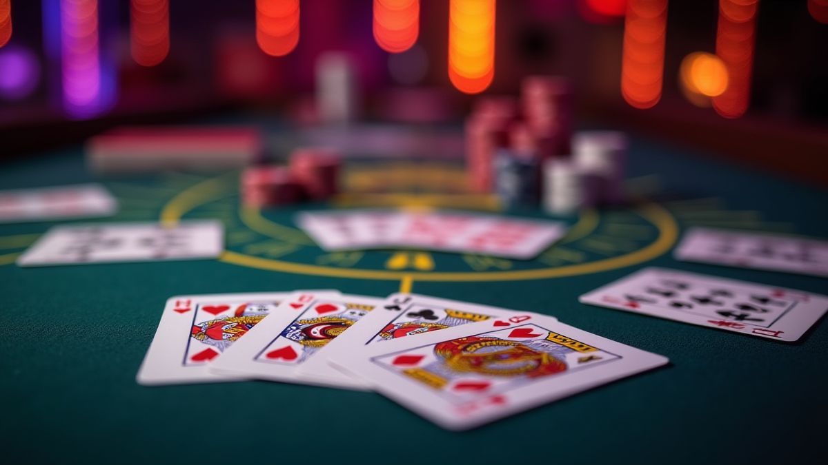 Mesa de casino vibrante com cartas e fichas