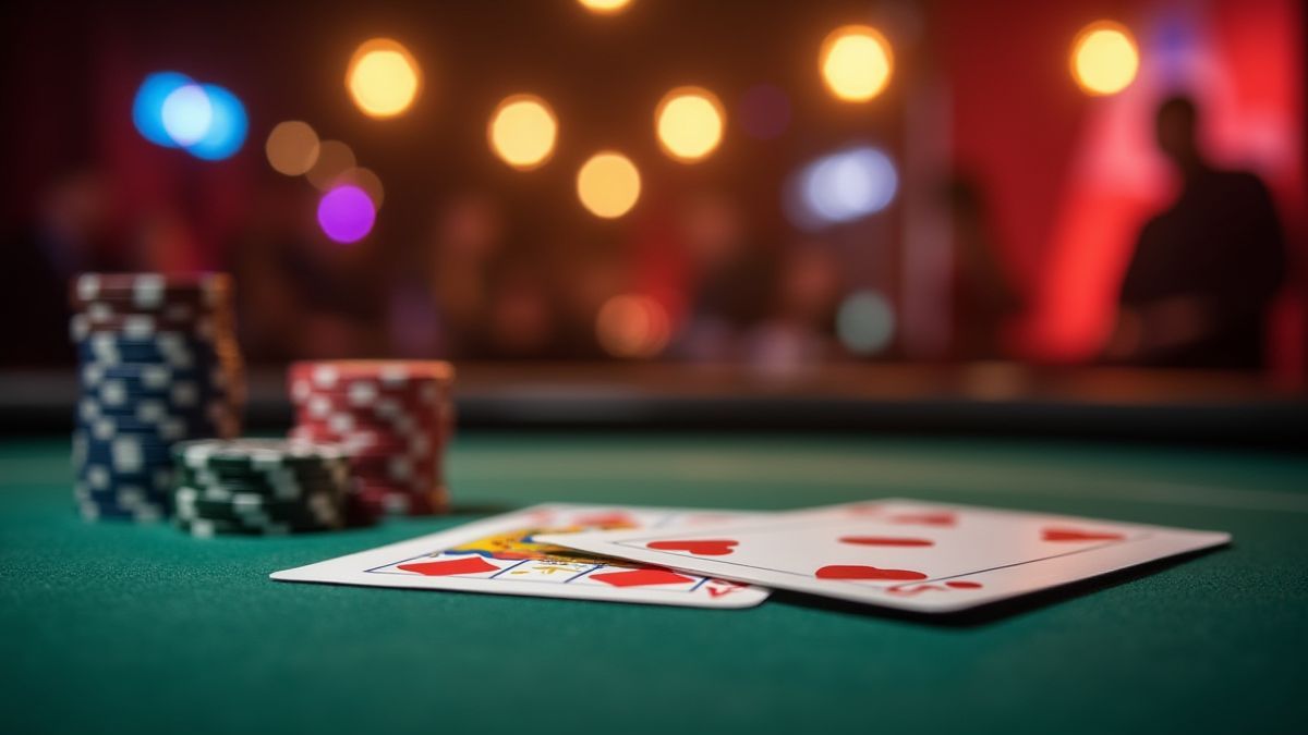 Game table with cards and chips under bright casino lights.