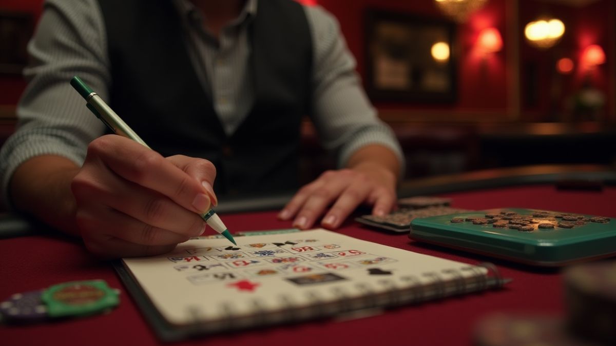 Person planning strategies with cards and a notebook.