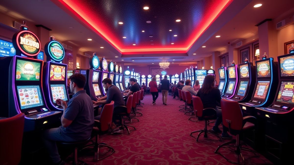 Lively casino lobby with players participating.