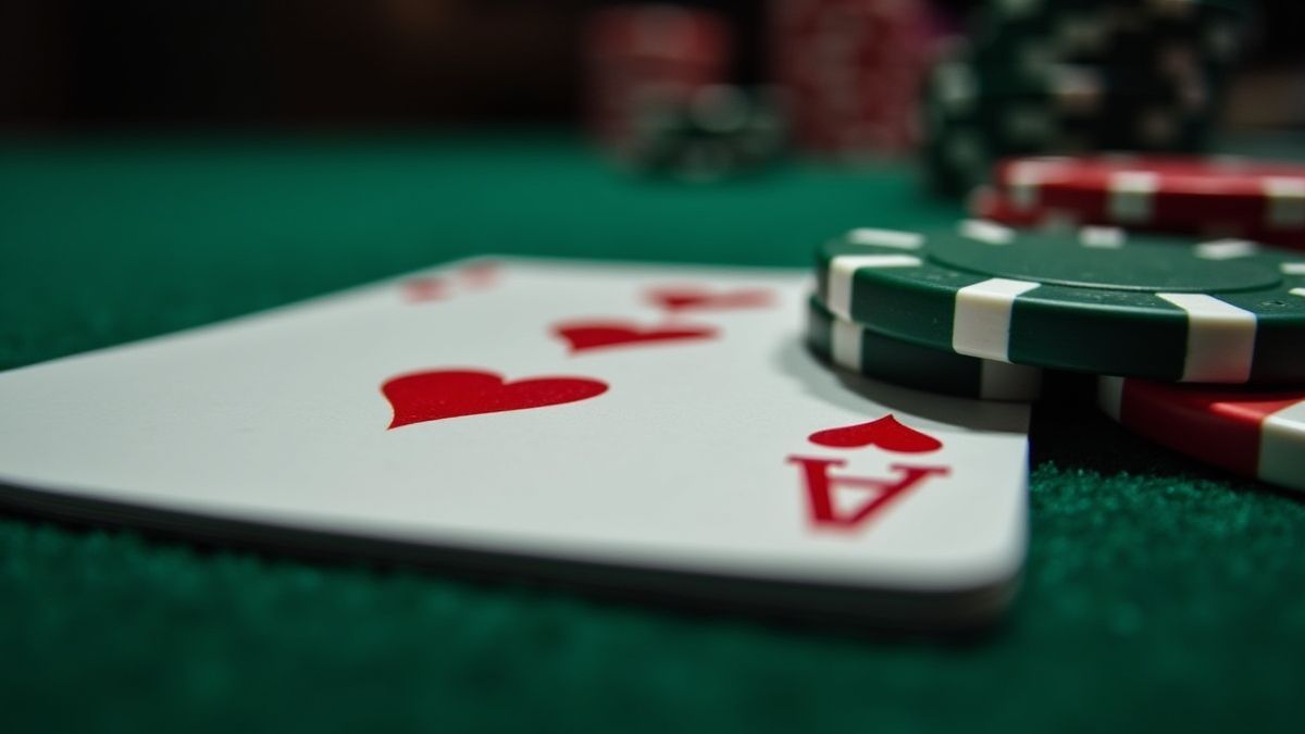 Cartas de jogo e fichas de cassino em uma mesa de feltro verde.