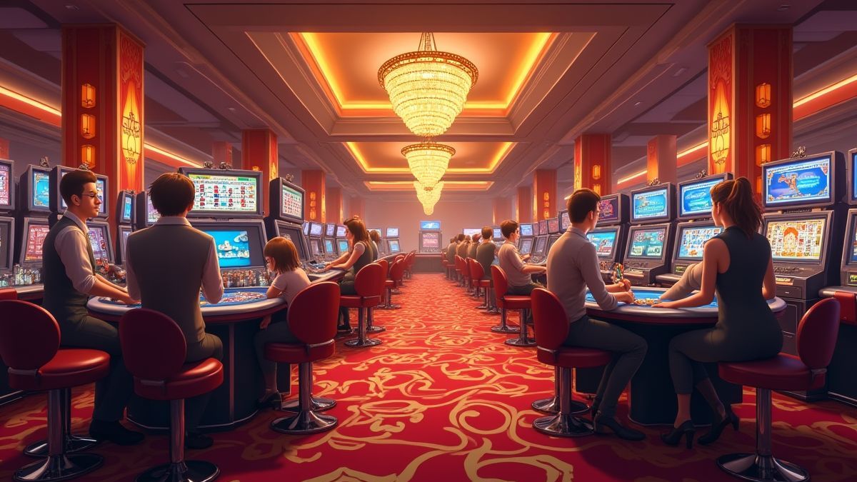 Representação animada de um cassino com decoração luxuosa e jogadores em ação.