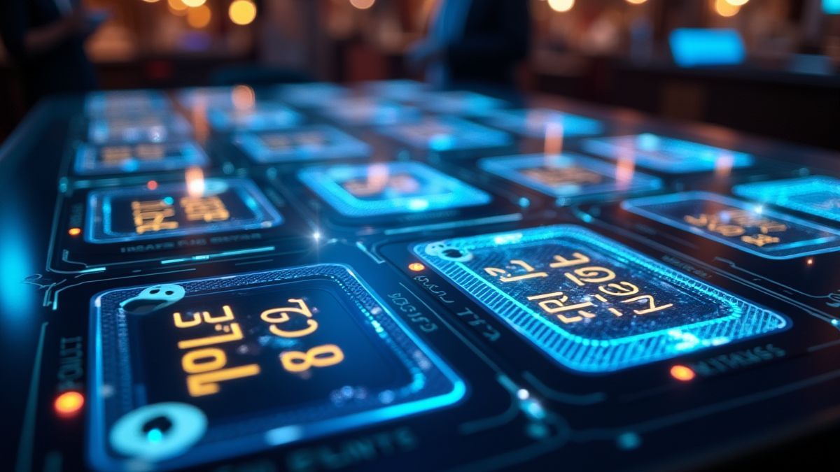 Futuristische tafel met kaarten en holografische schermen die nummers tonen.