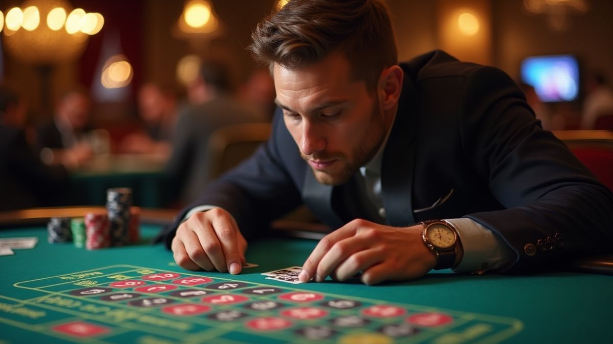 Casino speler die nummers op een tafel analyseert.