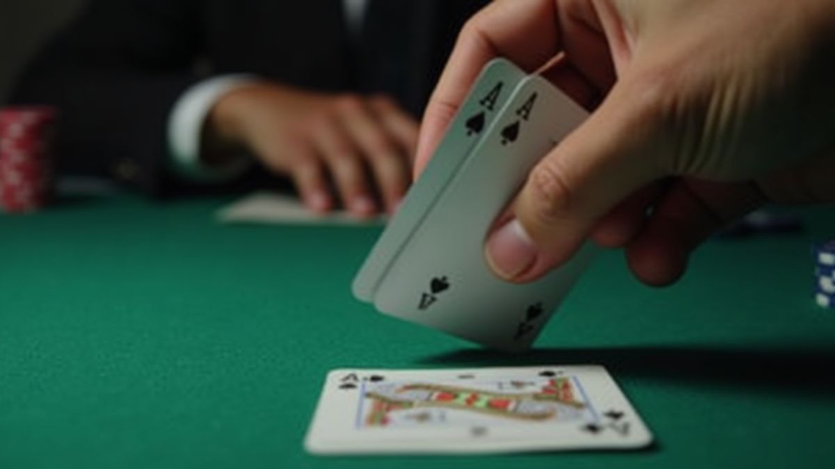 Mano girando cartas en una mesa de casino.