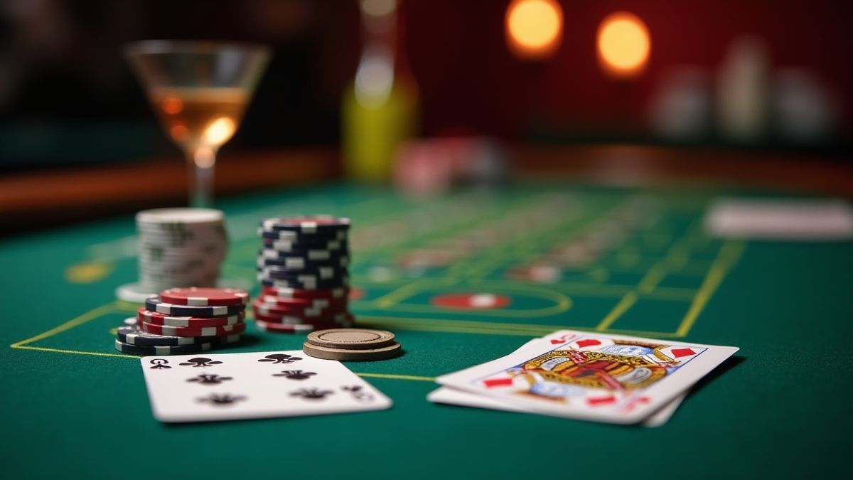 Mesa de casino con fichas y cartas.