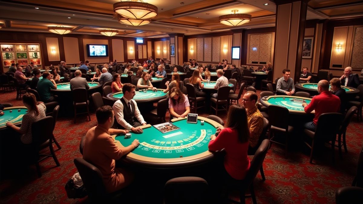 Sala de casino con jugadores en mesas.