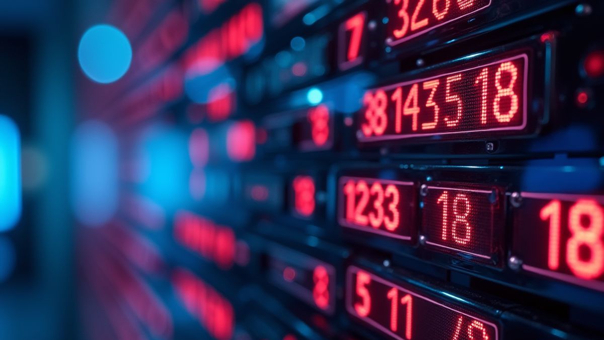 Holographische Displays, die Zahlen und futuristische Symbole anzeigen.