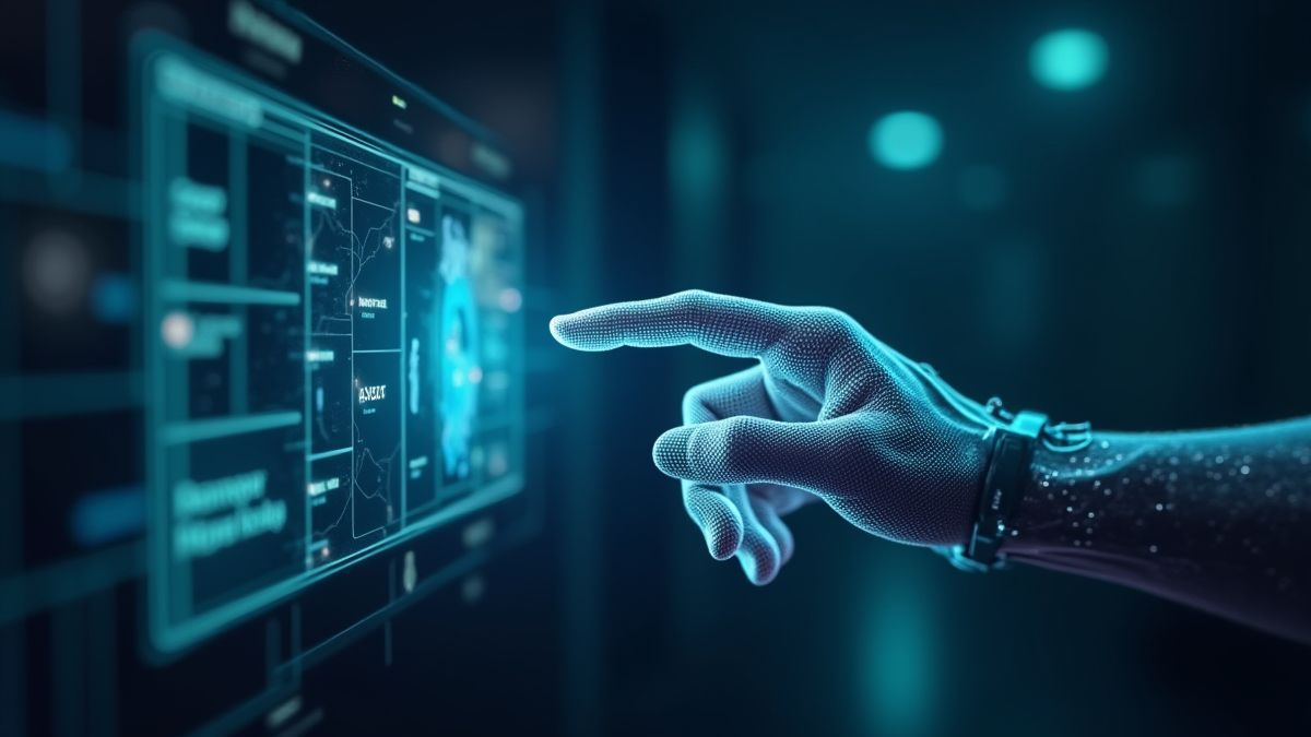 Futuristische Hand, die mit einem holografischen Wettpanel interagiert.