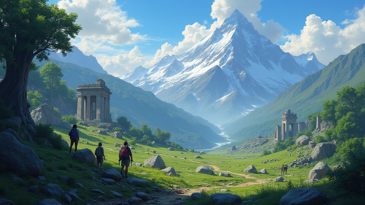 Exploradores en un valle del Himalaya rodeados de ruinas antiguas