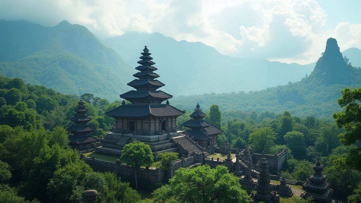 Templo asiático rodeado de naturaleza y montañas