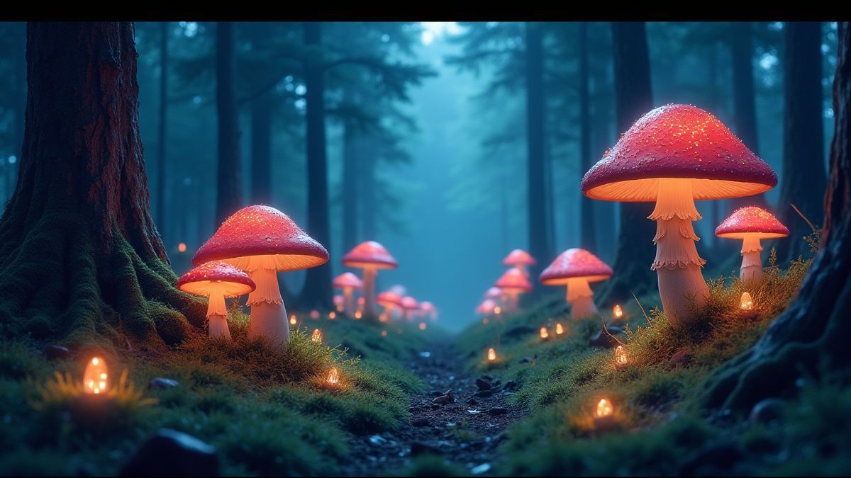 Uma floresta mágica com cogumelos luminosos e baús de tesouro escondidos entre as árvores.
