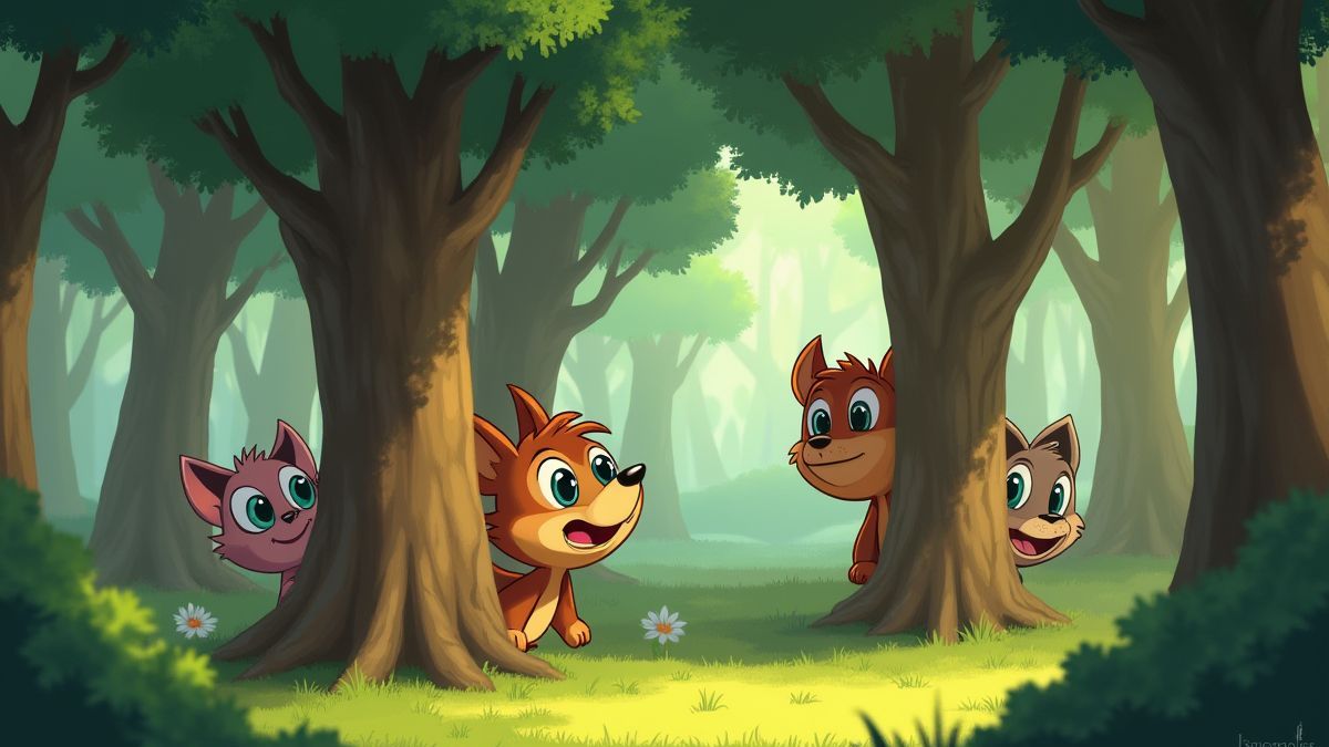 Uma cena divertida em uma floresta com animais animados escondidos atrás das árvores.