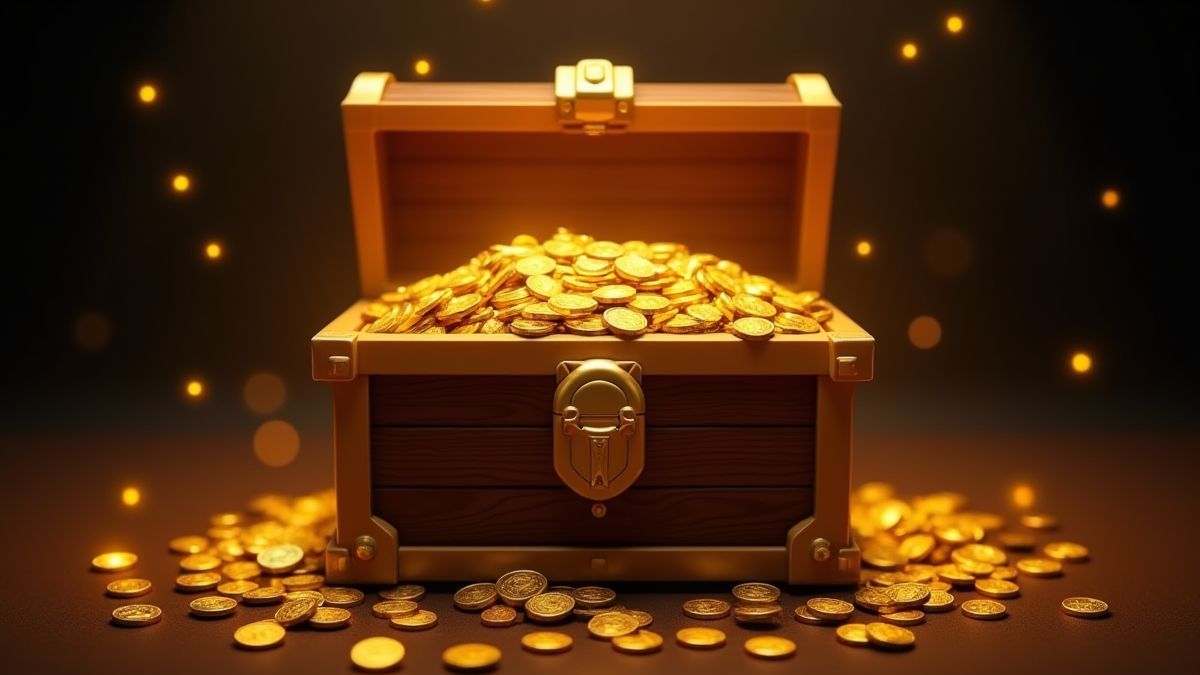 Um baú do tesouro transbordando de moedas de ouro cercado por luzes brilhantes.
