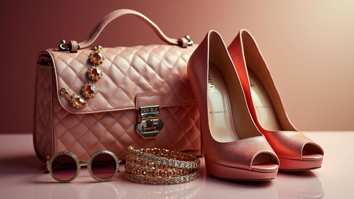 Accesorios de moda como tacones altos, bolsos de diseñador y gafas de sol.