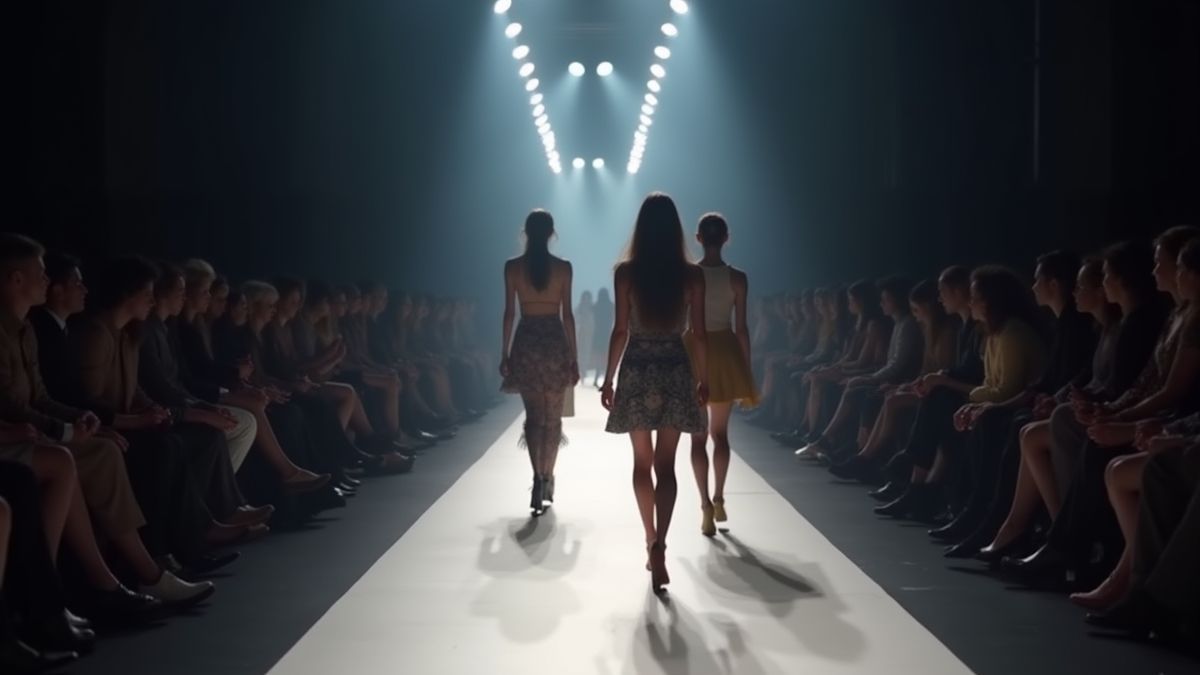 Una pasarela con modelos desfilando bajo luces brillantes.