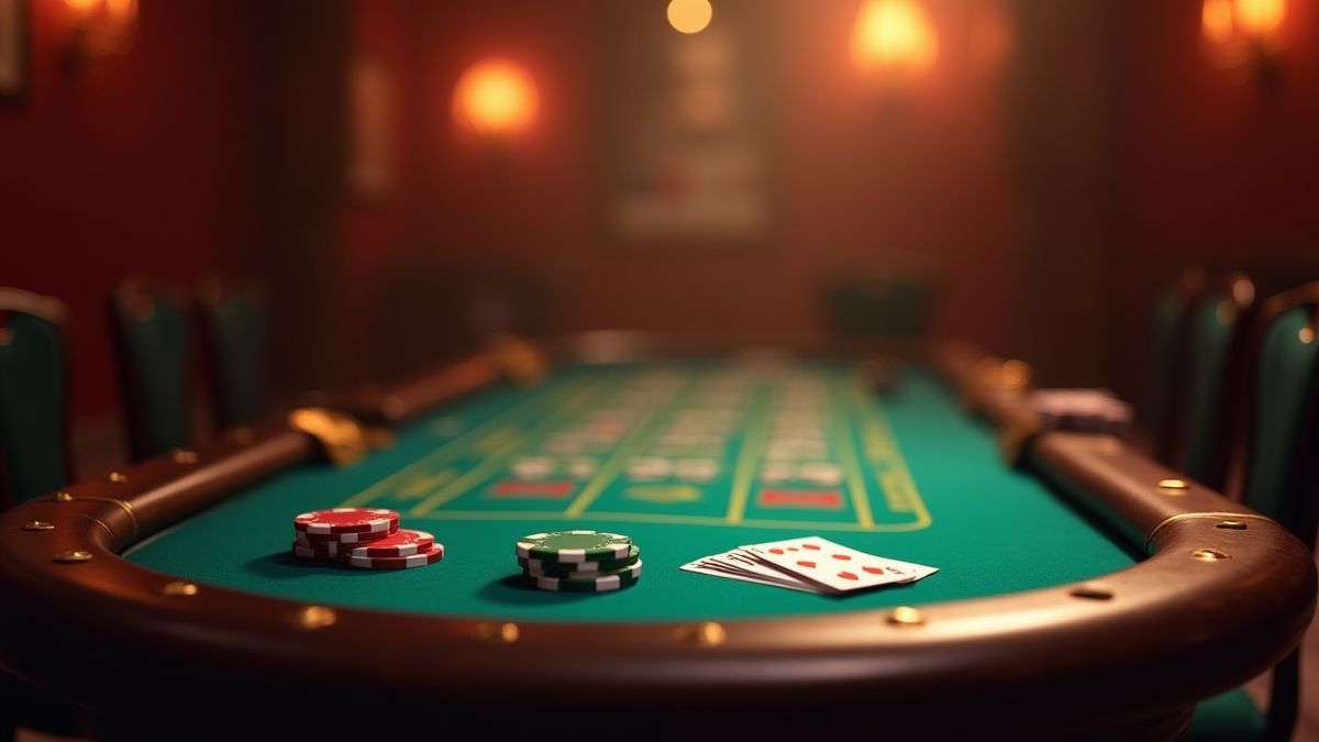 Mesa de casino con fichas y cartas bajo iluminación suave