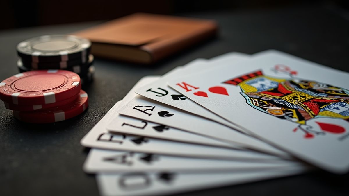 Blackjack-Karten und ein Strategie-Notizbuch auf einem Spieltisch.