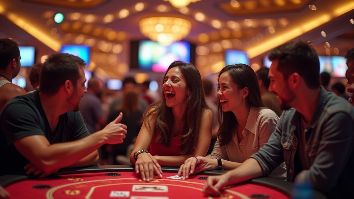 Spelers juichen rond een casino tafel.