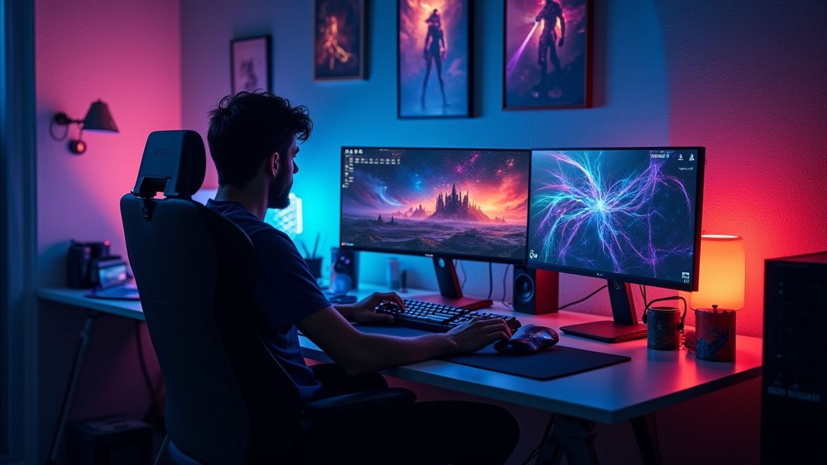 Bureau van een ontwikkelaar met gaming monitors.