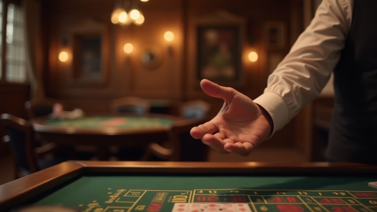 Main plaçant un pari dans un cadre de casino rustique avec des tables en bois.