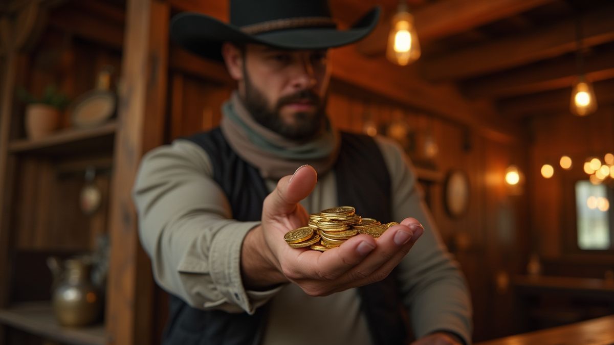 A cowboy holding gold coins in a western saloon.