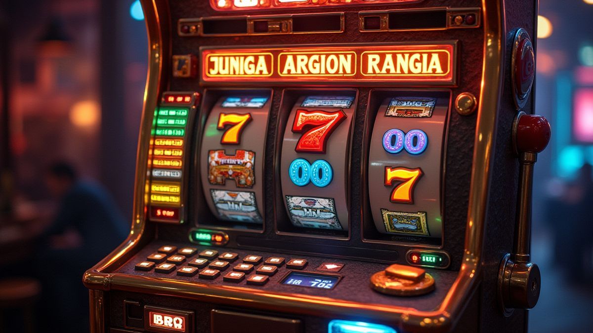 Une machine à sous rétro décorée avec un thème urbain.