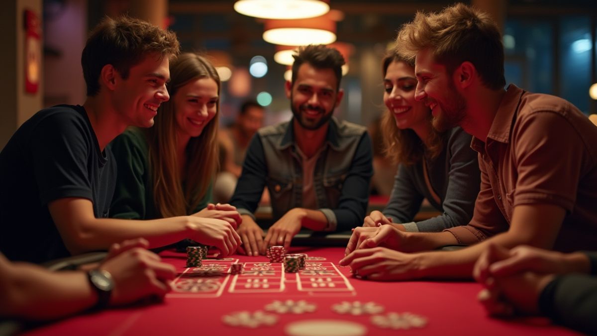 Un groupe d'amis profitant d'une soirée de jeux dans un salon de style casino.