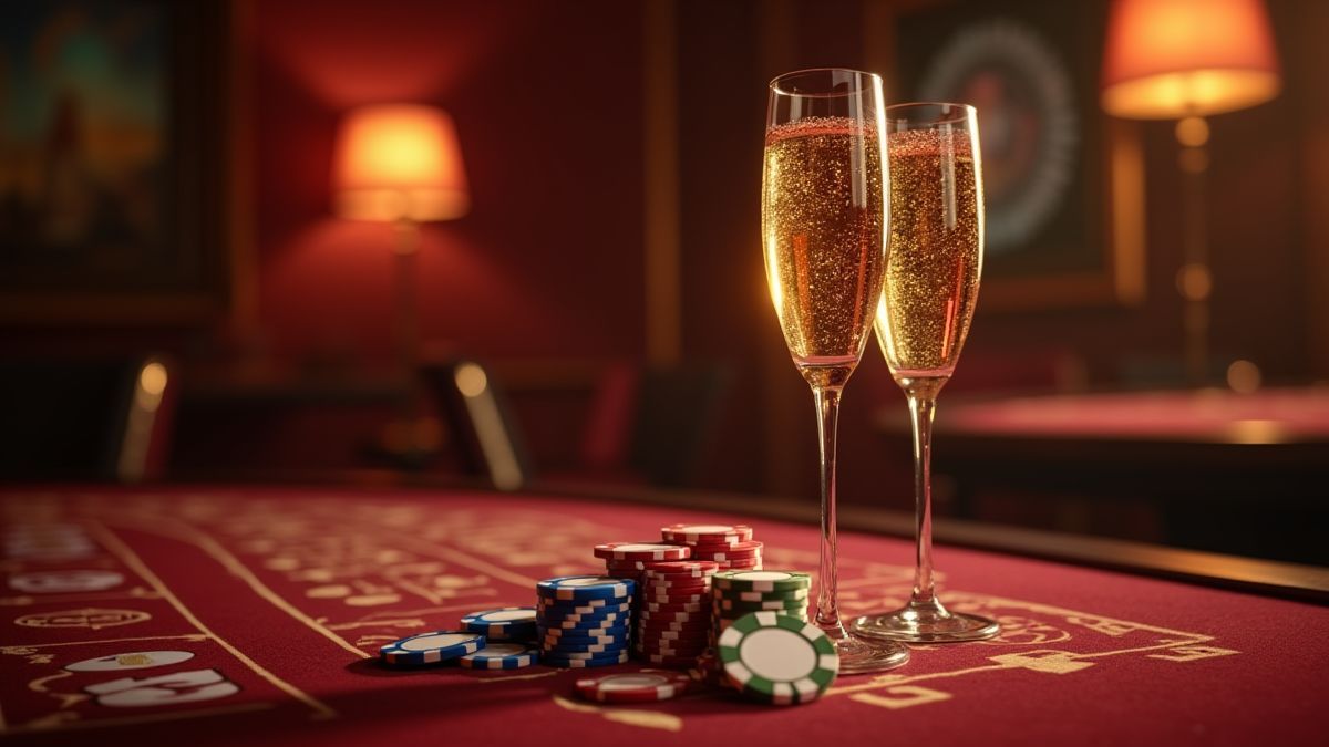 Coupes de champagne et jetons sur une table de casino.