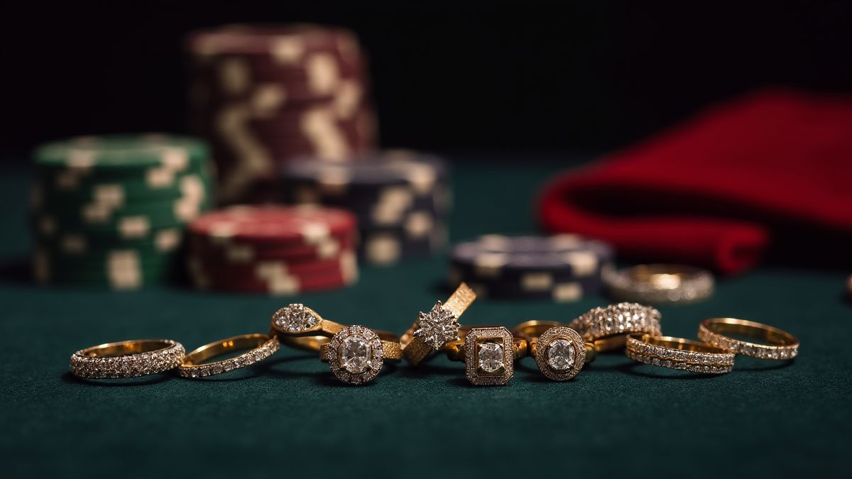 Anneaux de diamants et jetons de poker sur une table en velours.