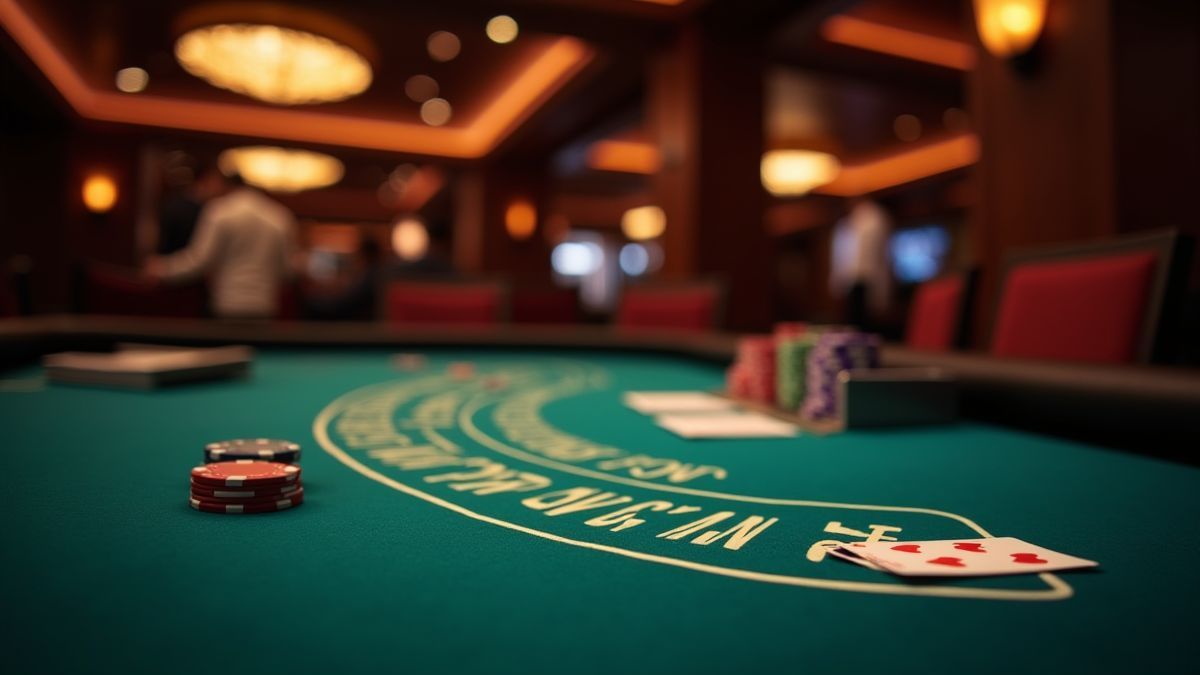 Blackjack-Tisch mit Chips und Karten in einem luxuriösen Casino.