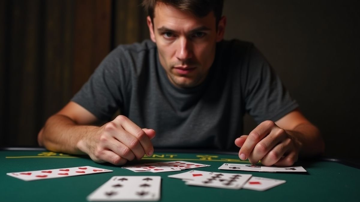 Person, die über eine Blackjack-Strategie nachdenkt, mit Karten auf dem Tisch.