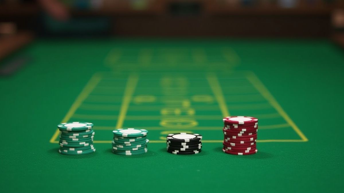 Casino table with green felt and neatly arranged chips.