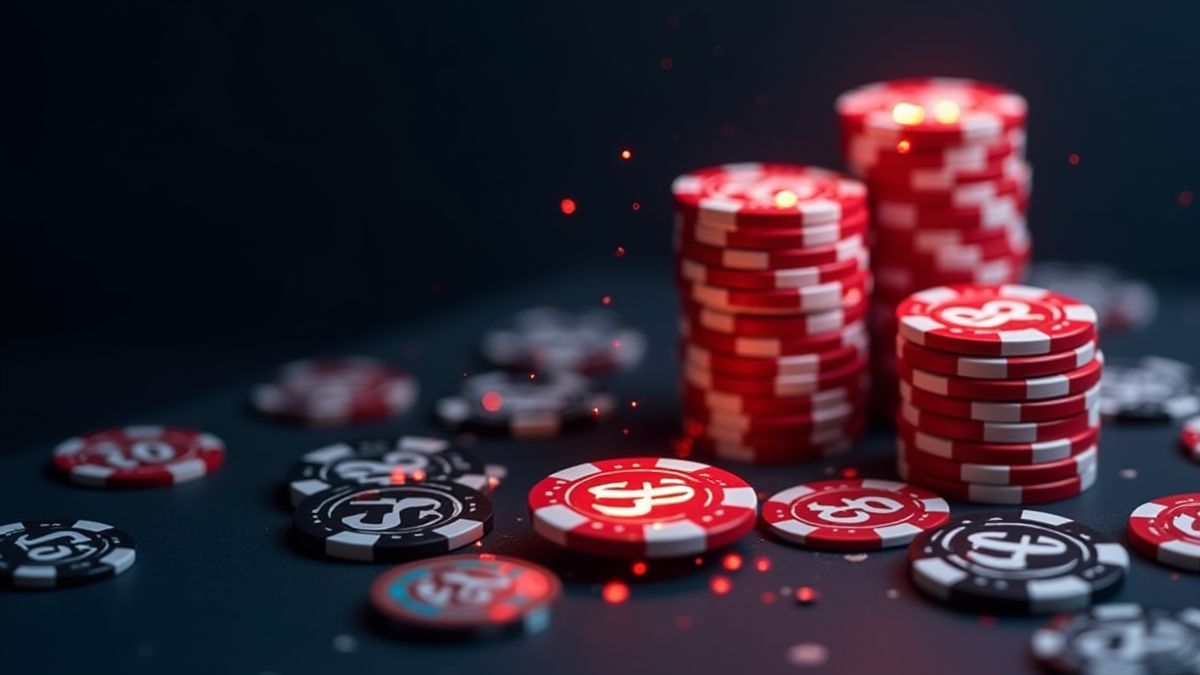 Stacked chips with glowing numbers indicating payouts.